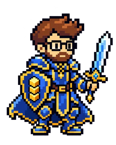 Bearded code battlemage wielding a sword and a code shield