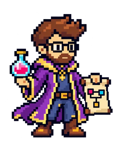 Bearded data alchemist holding a diagram scroll and a potion
