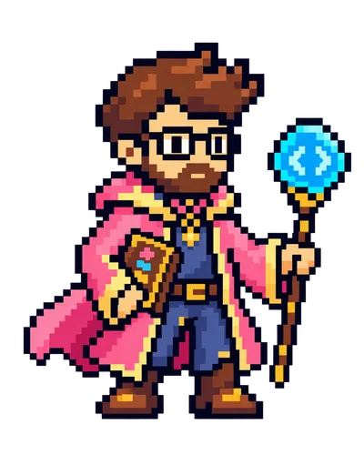 Bearded pixel-art interface mage with a glowing UI staff