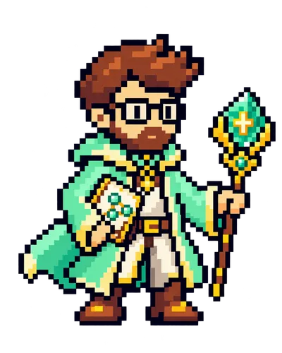 Bearded tech cleric with a healing crystal staff and network spellbook